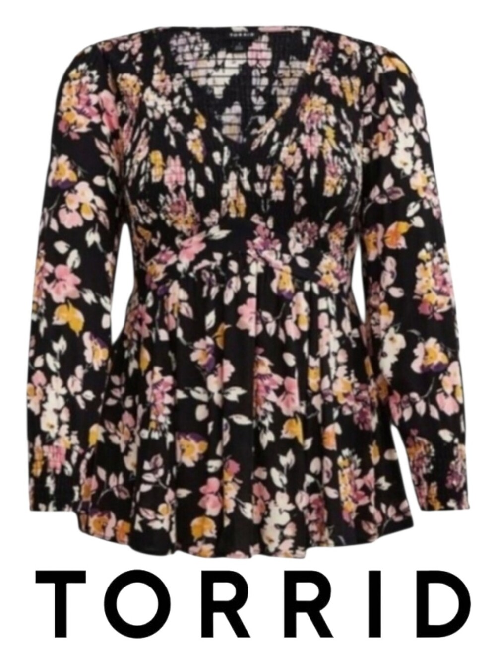 Torrid Black Pink Floral Babydoll Top Smocked Fit Long Sleeve